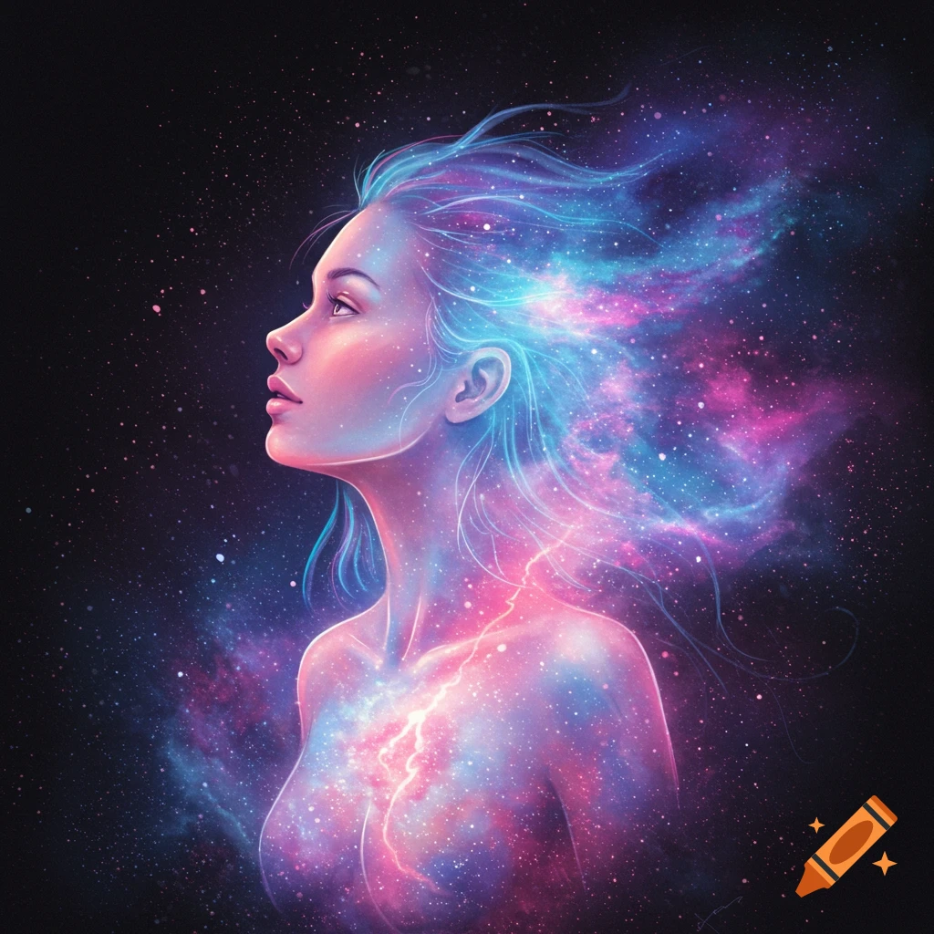 A woman's profile looking up, her body and hair dissolving into a galaxy of stars and nebulae.