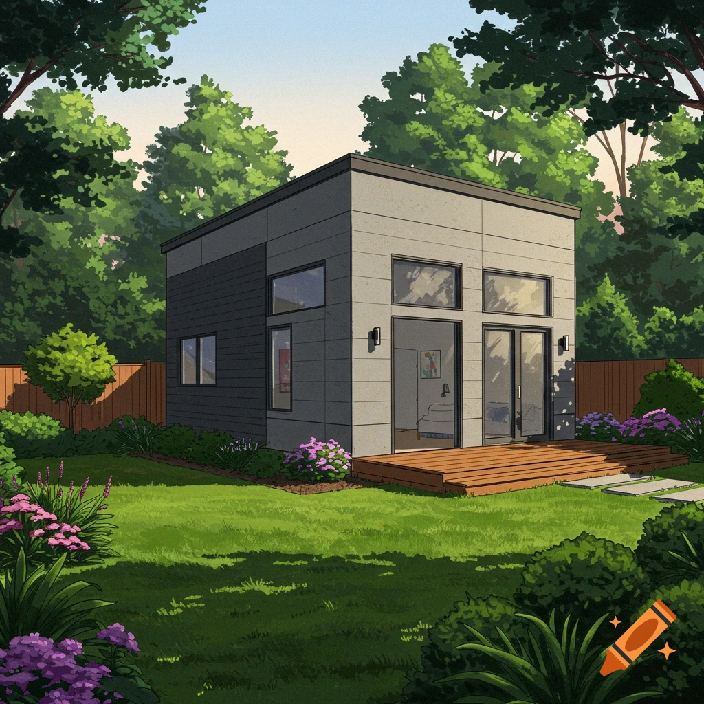 A modern small building with a deck in a lush green backyard garden.