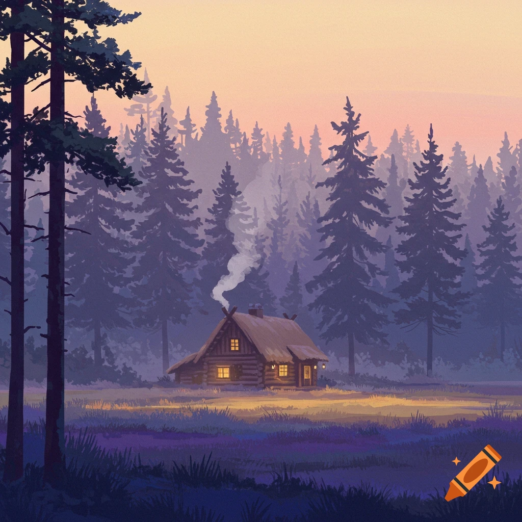 A log cabin sits in a forest clearing at dusk with smoke coming from the chimney.