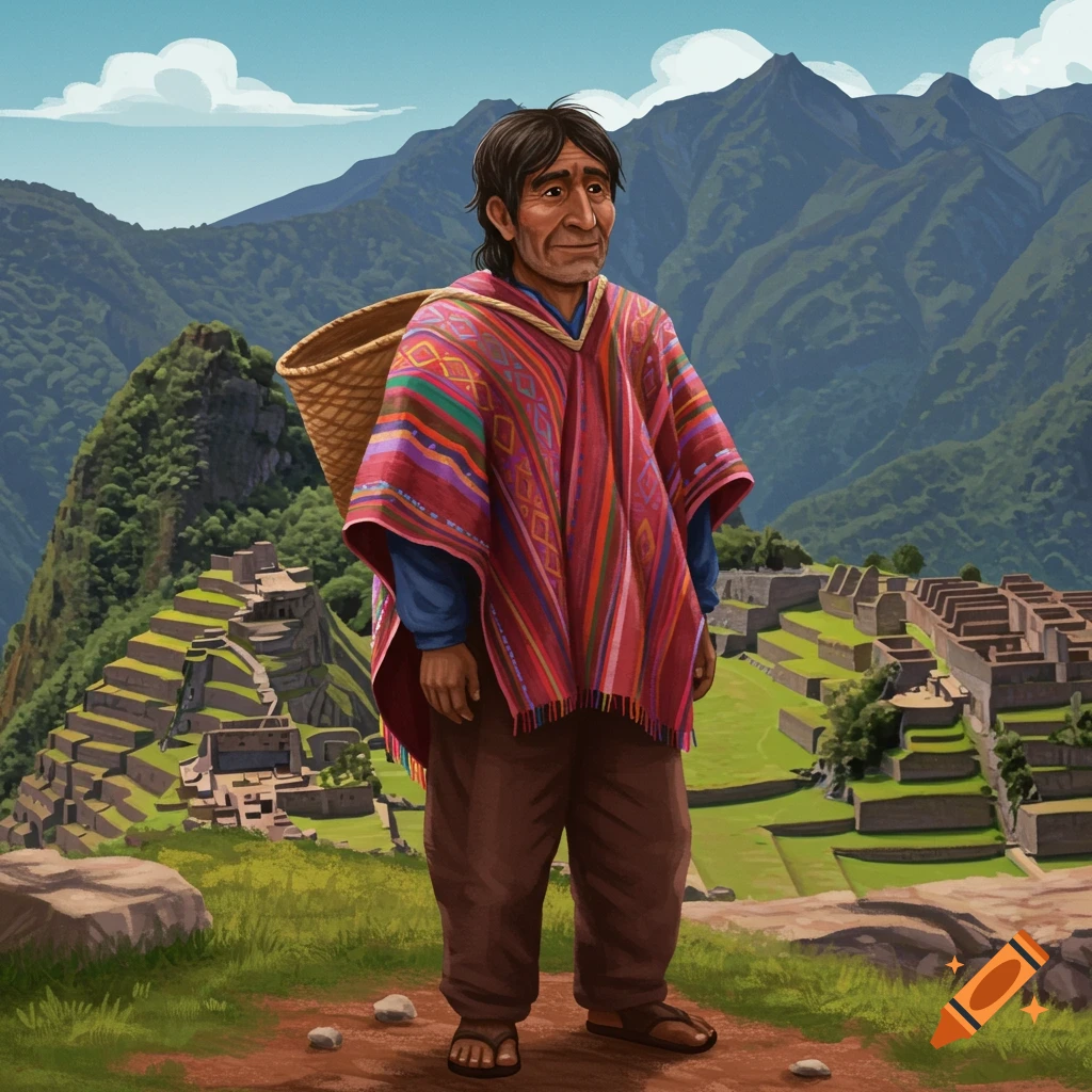 A Peruvian man wearing a poncho and carrying a basket stands in front of ancient ruins and mountains.