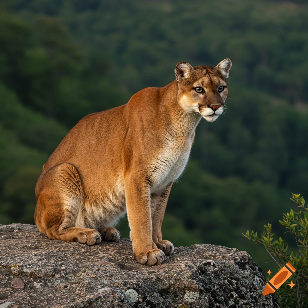 Photorealistic photo of a cougar sitting on a rock with a forest in the background.