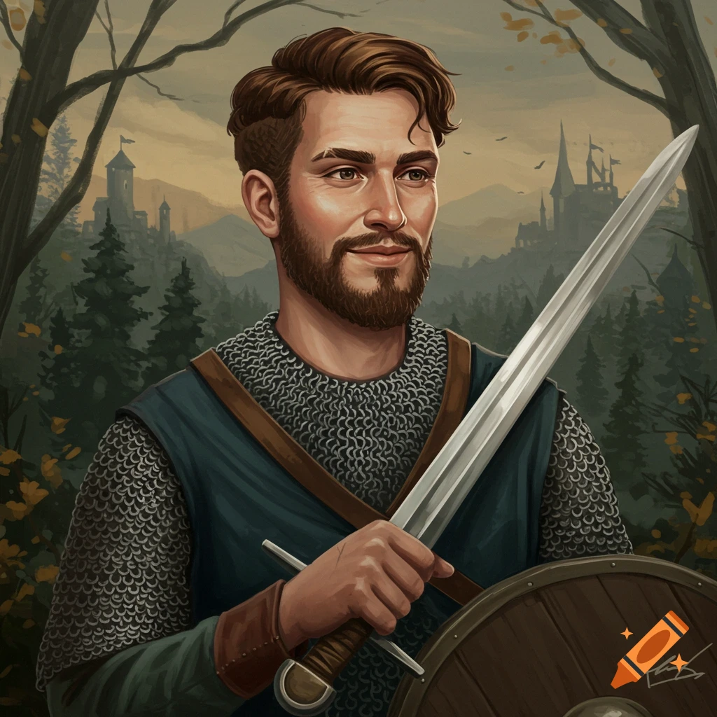 A man in chainmail and leather armor holds a sword and shield in a forest with castles in the background.