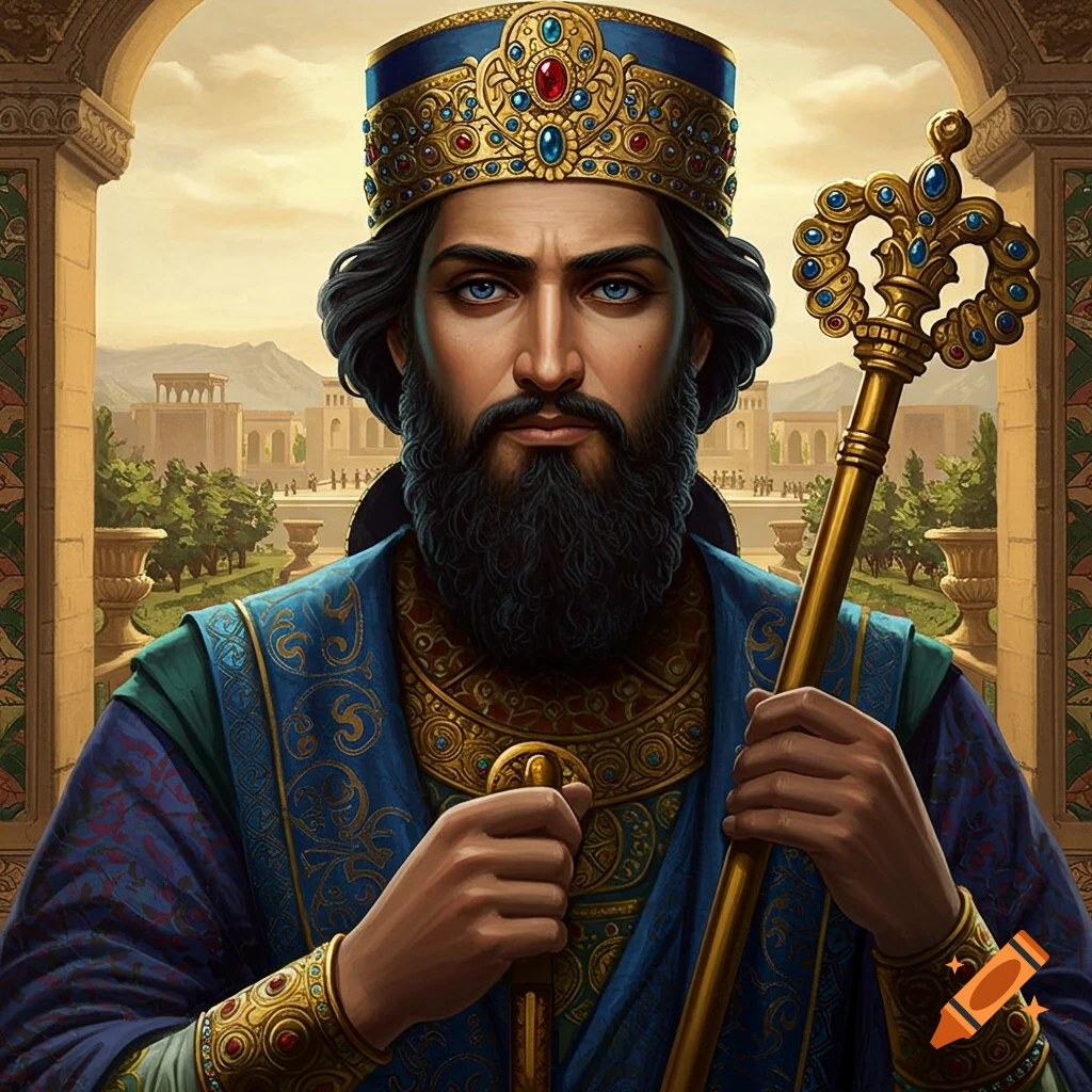 An ancient king or emperor in elaborate blue and gold robes and crown, holding a staff and sword, stands in a palace archway.