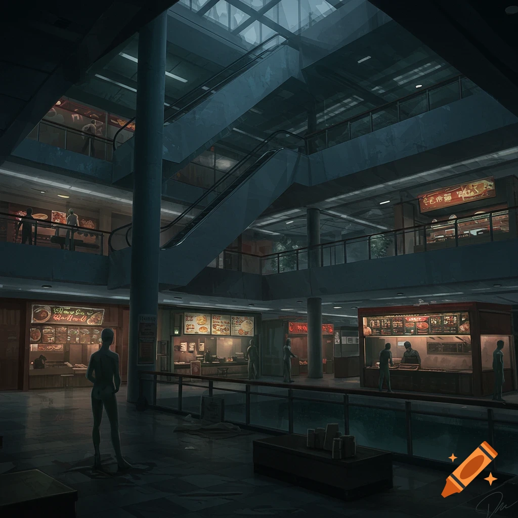 A dark, multi-level mall food court with mannequins standing around.