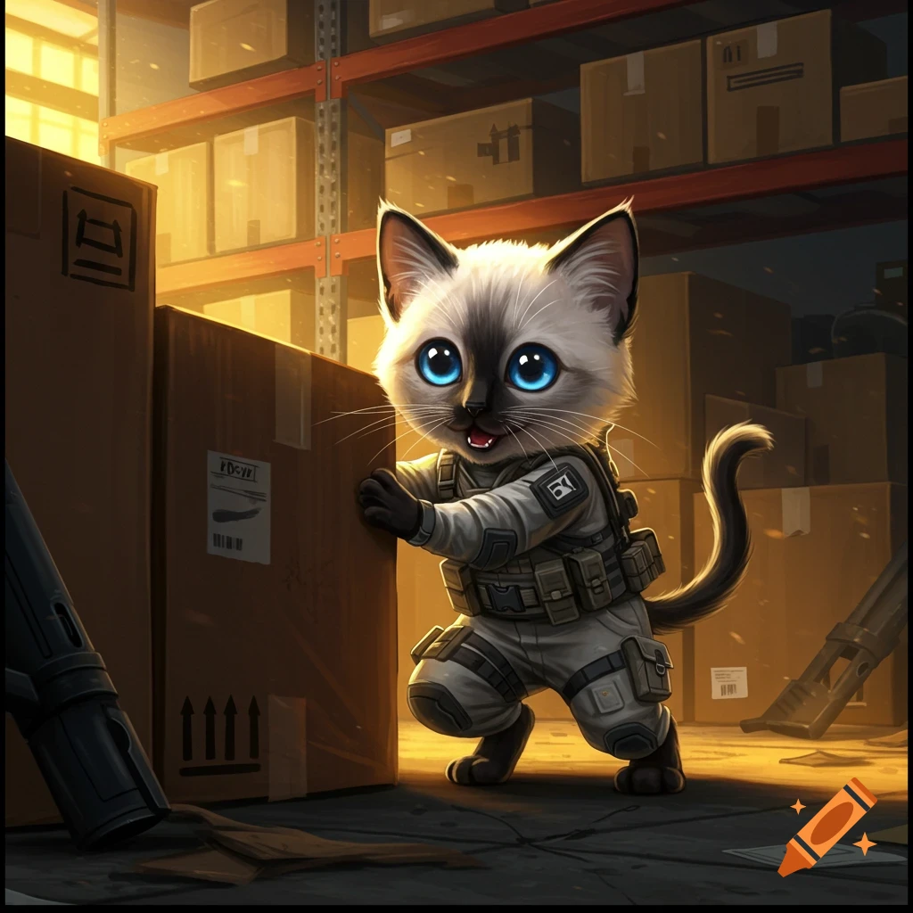 A cute Siamese kitten in tactical gear pushes a box in a warehouse.