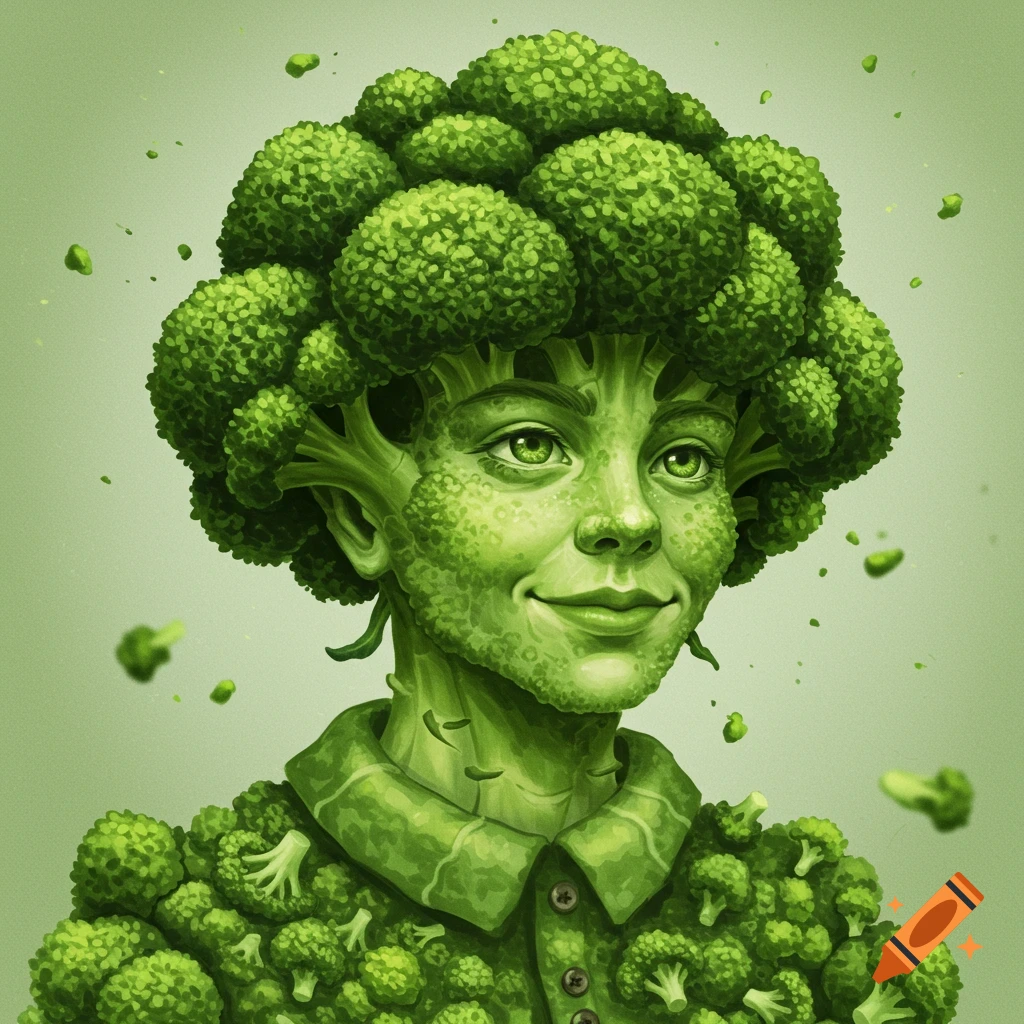 A person with broccoli for hair and body, on a green background.