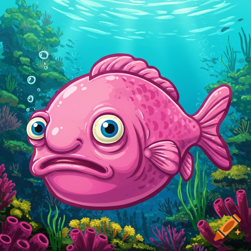 A funny-looking cartoon pink fish with bug eyes floats in the ocean surrounded by colorful coral and bubbles.