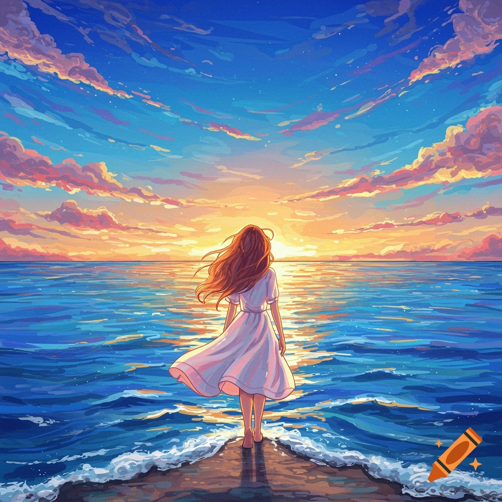 Anime illustration of a girl in a white dress watching a vibrant sunset over the ocean.
