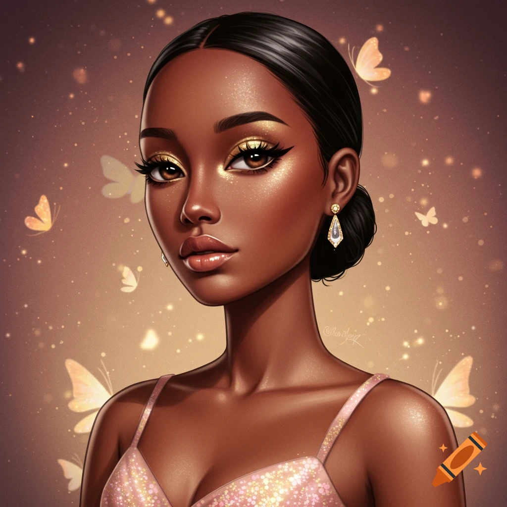 A digital art portrait of a doll-like woman with golden eyeshadow, a sparkling pink dress, and butterflies