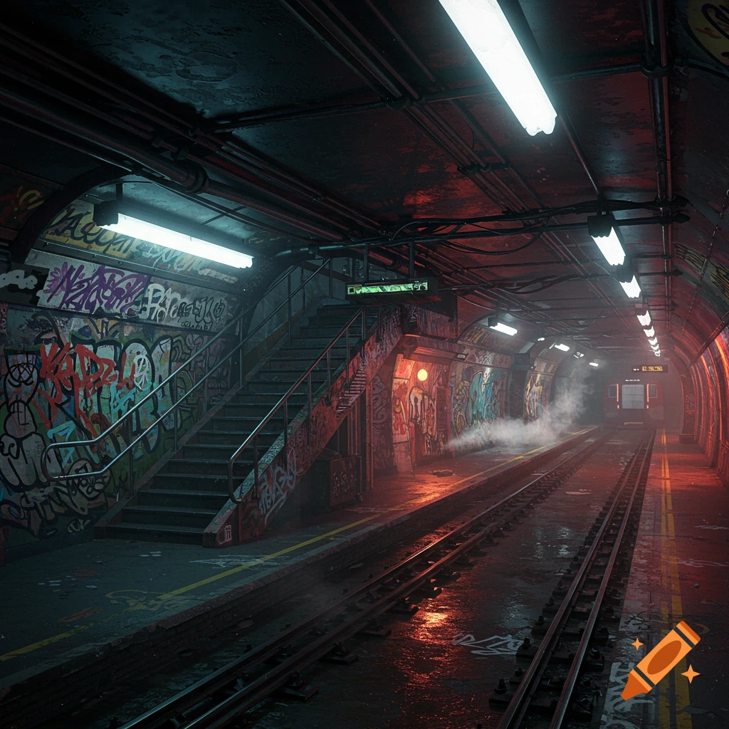 A dark and gritty underground subway station covered in colorful graffiti with wet tracks and atmospheric lighting.