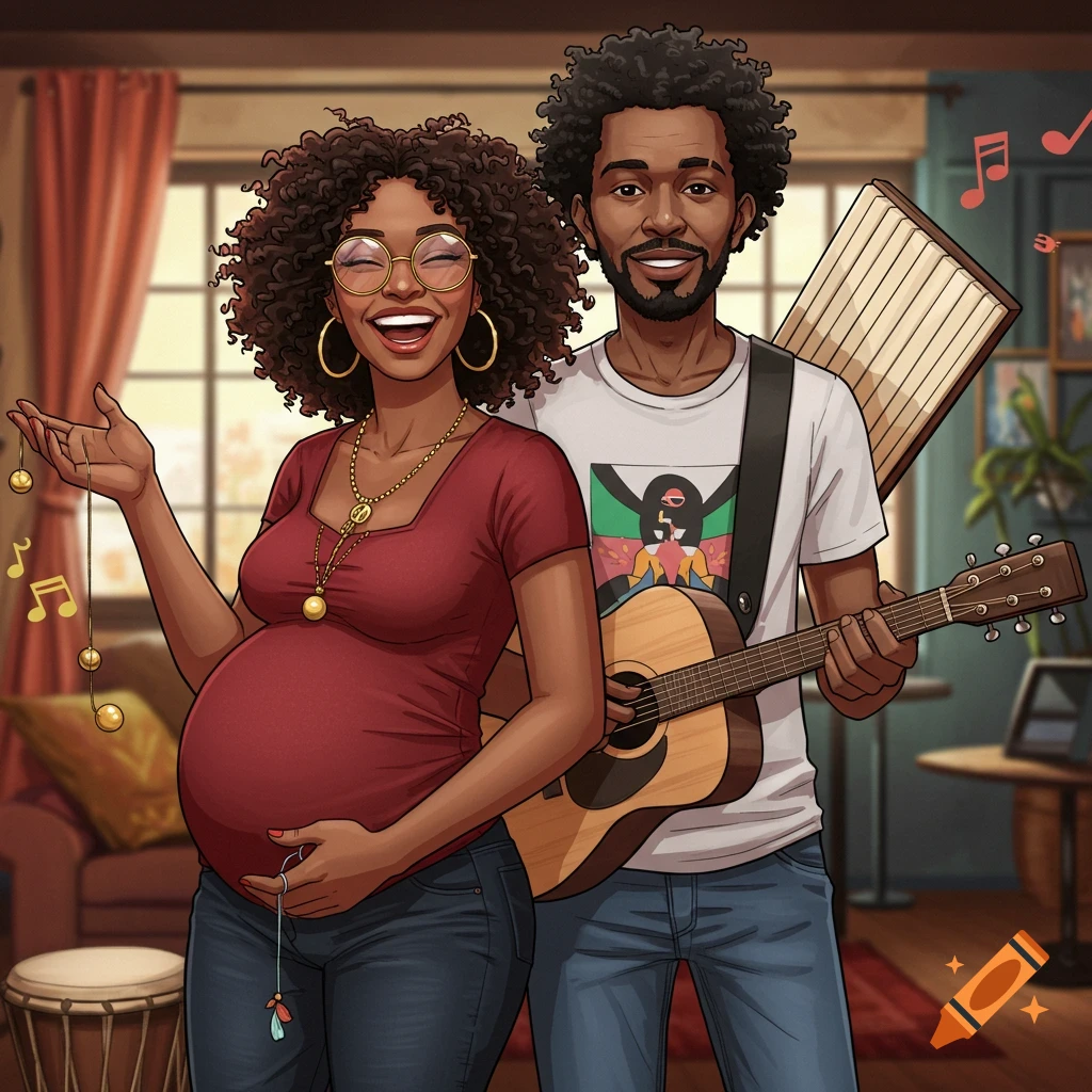 An animated illustration of a smiling pregnant couple in a cozy room with musical notes. The man plays a guitar.