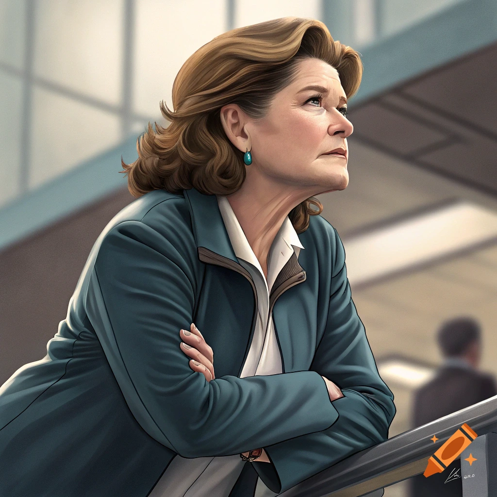 Illustrative portrait of a woman resembling Kate Mulgrew looking up with crossed arms in a suit inside a building.