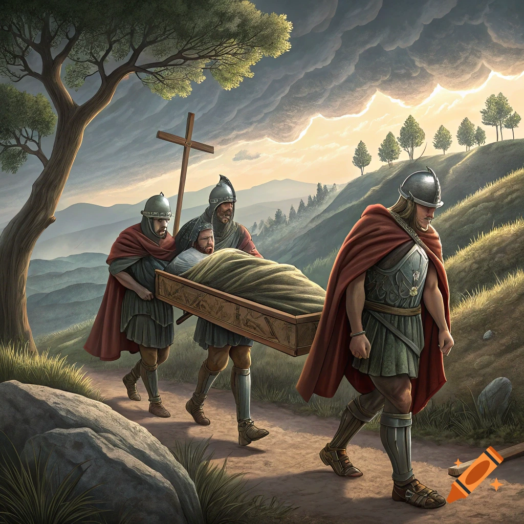 Three figures in ancient attire carry a stretcher and a cross through a hilly landscape under dramatic clouds.