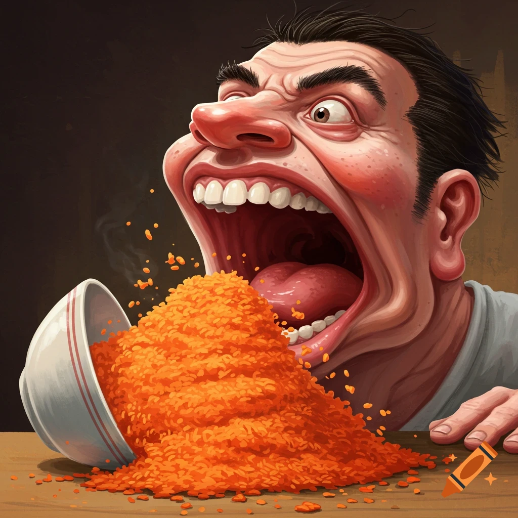 A cartoon of a man with a huge open mouth about to eat a large pile of orange rice.