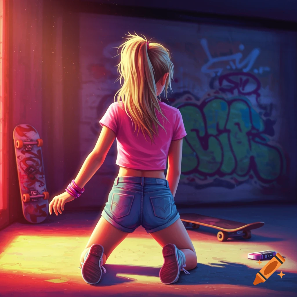 A girl kneels by skateboards and a graffiti wall.