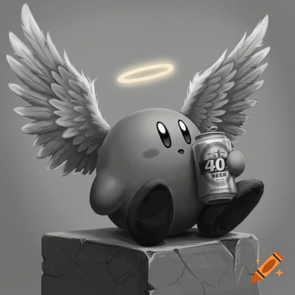 Black and grey image of Kirby with angel wings and halo sitting on a block, holding a can of 40 BEER.