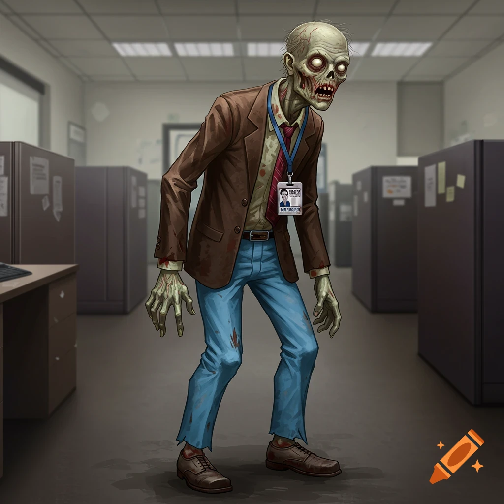 A zombie in a brown suit and blue pants stands in an office.