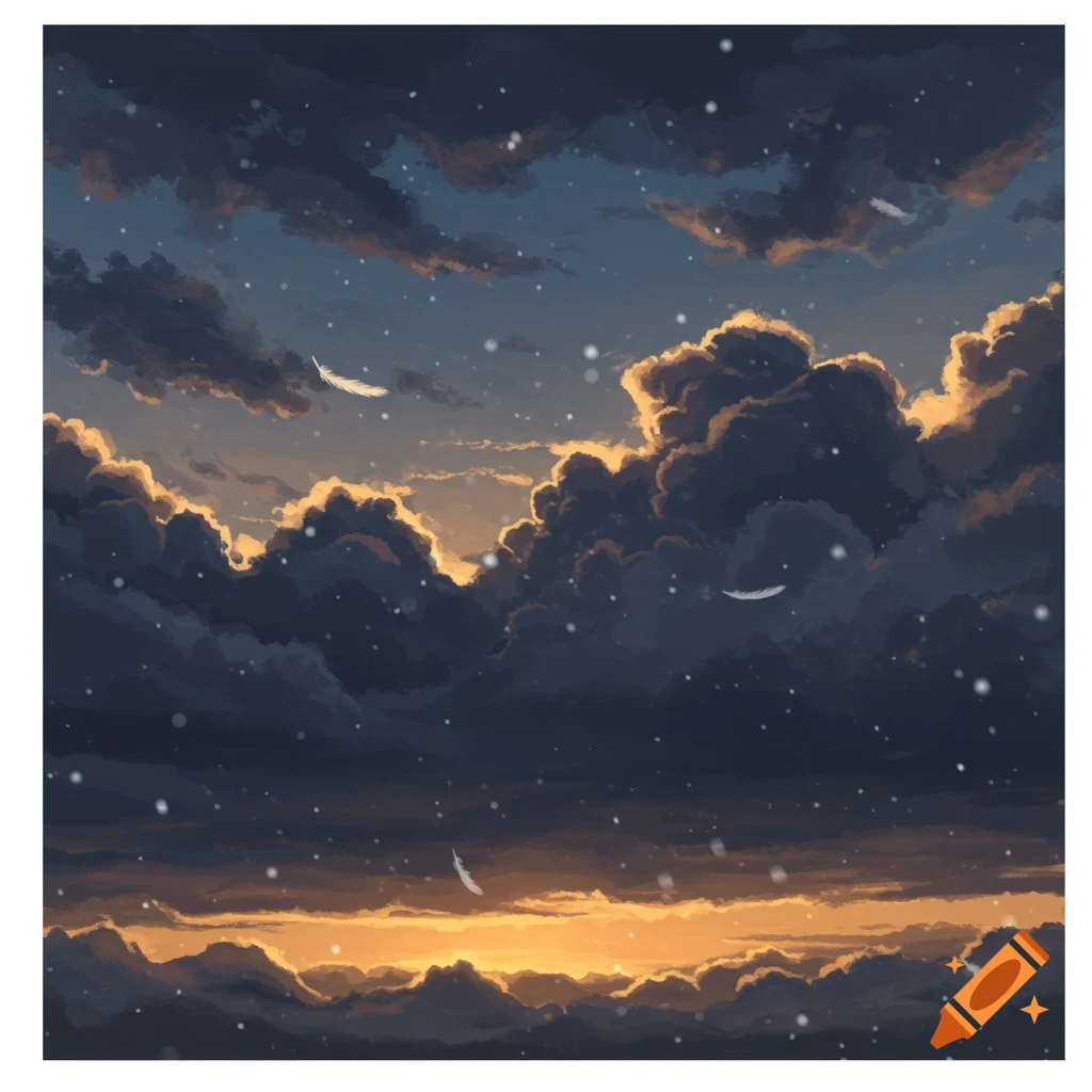 A darkening cloudy evening sky with falling snowflakes.