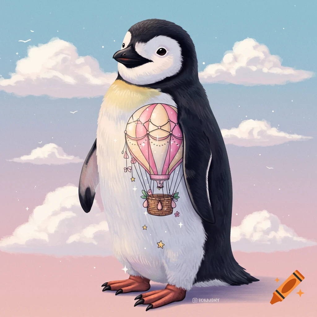 A penguin with a hot air balloon design on its chest, under a pastel sky.