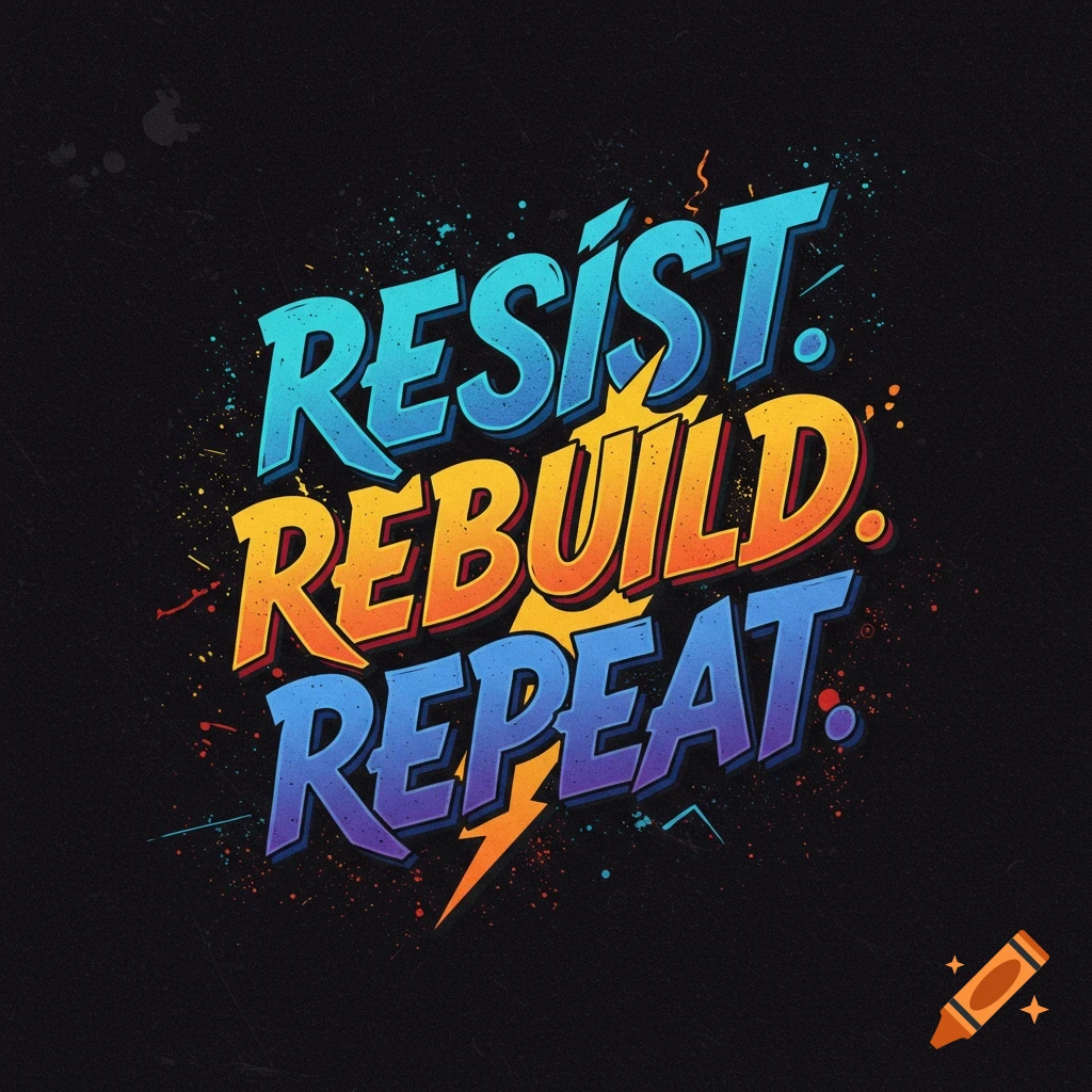 Stylized text reads Resist. Rebuild. Repeat with splatter and lightning bolt on black background.