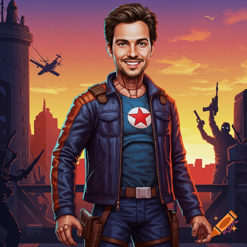 A man dressed as an action figure with a star on his chest stands in a cityscape at sunset.