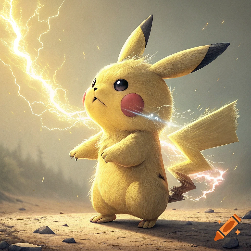 A furry Pikachu stands on a rocky ground with lightning bolts surrounding it.