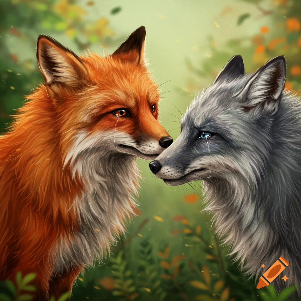 Two foxes crying at each other in a forest.