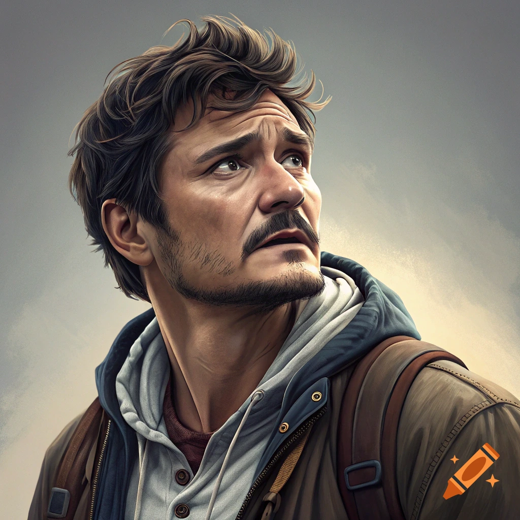 Detailed portrait of a man resembling Pedro Pascal, wearing a hooded jacket and backpack, looking up.