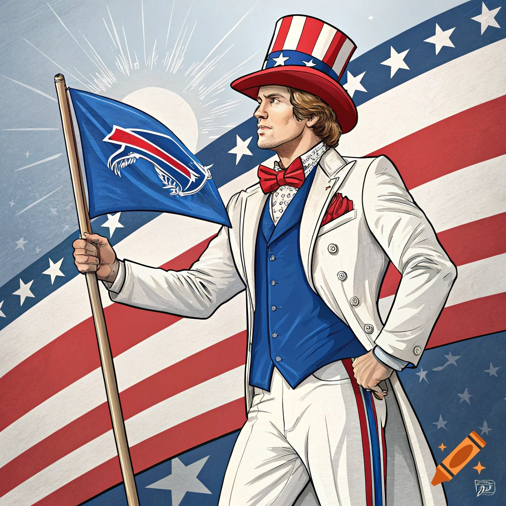 Illustration of a man dressed as Uncle Sam holding a Buffalo Bills flag in front of an American flag background.