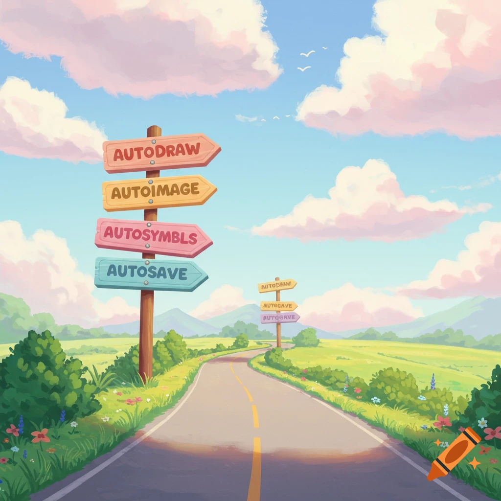 A road winds through a sunny landscape with hills and colorful signs along the way.