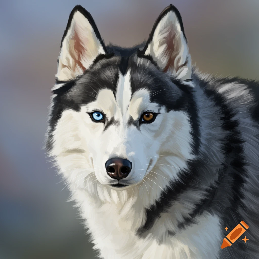 A husky with one blue eye and one brown eye, looking forward.