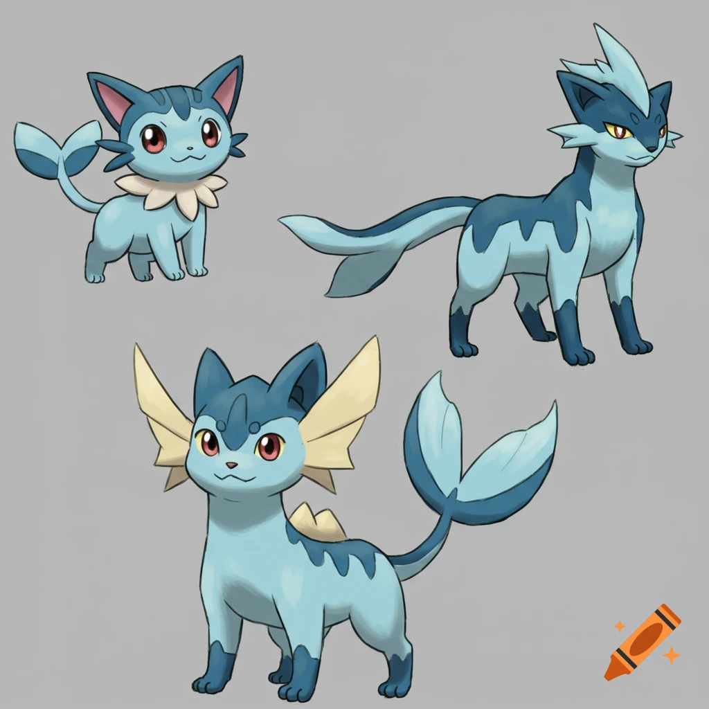 Three blue cat Pokemon-like creatures with water features.