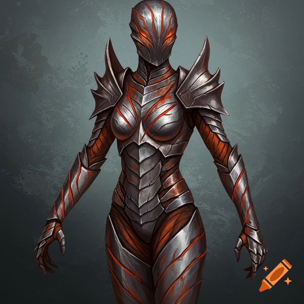 A figure in detailed futuristic or fantasy armor with sharp pauldrons and red glowing lines.