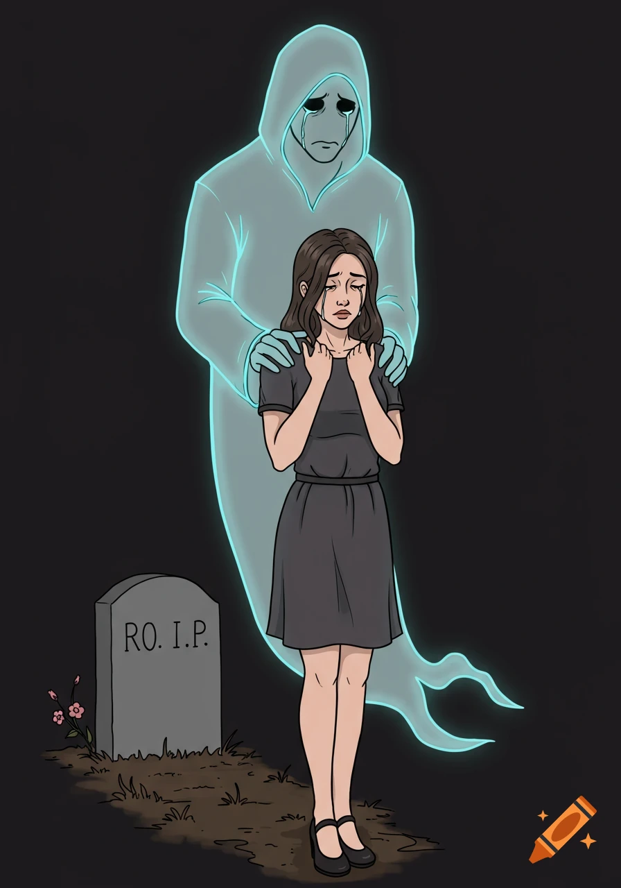 Illustration of a crying woman being comforted by a ghost near a grave marked RO. I.P.
