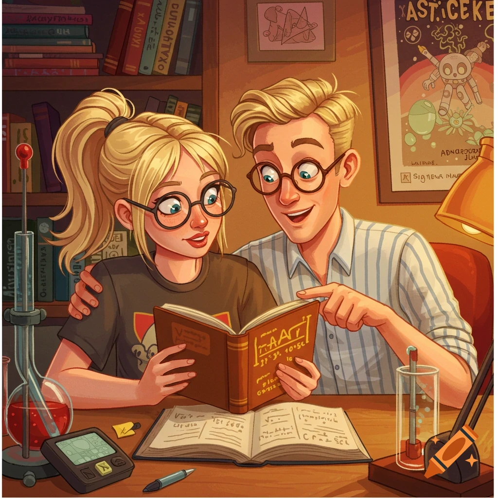 A blonde nerdy couple wearing glasses are reading a book together at a desk filled with books and science equipment.