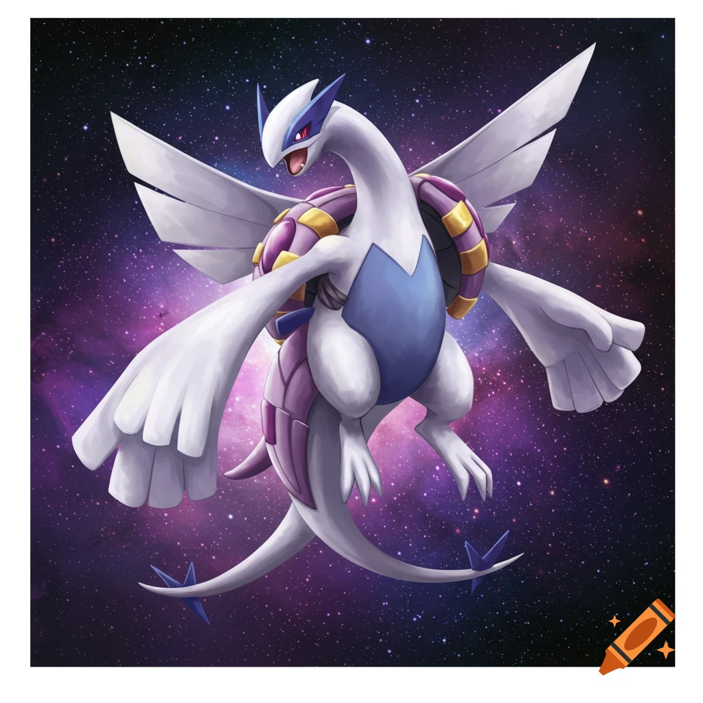 A Lugia and Palkia fusion against a starry background.