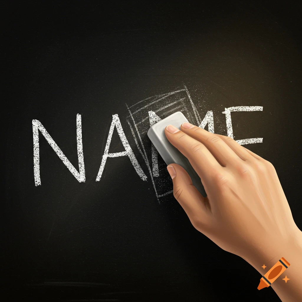 A hand erases the word NAME from a black chalkboard with an eraser.