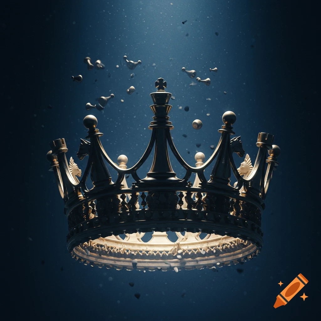 A golden crown made of chess pieces floats in dark space, bathed in light.