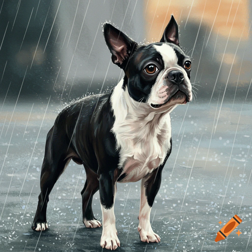 A Boston Terrier standing in the rain