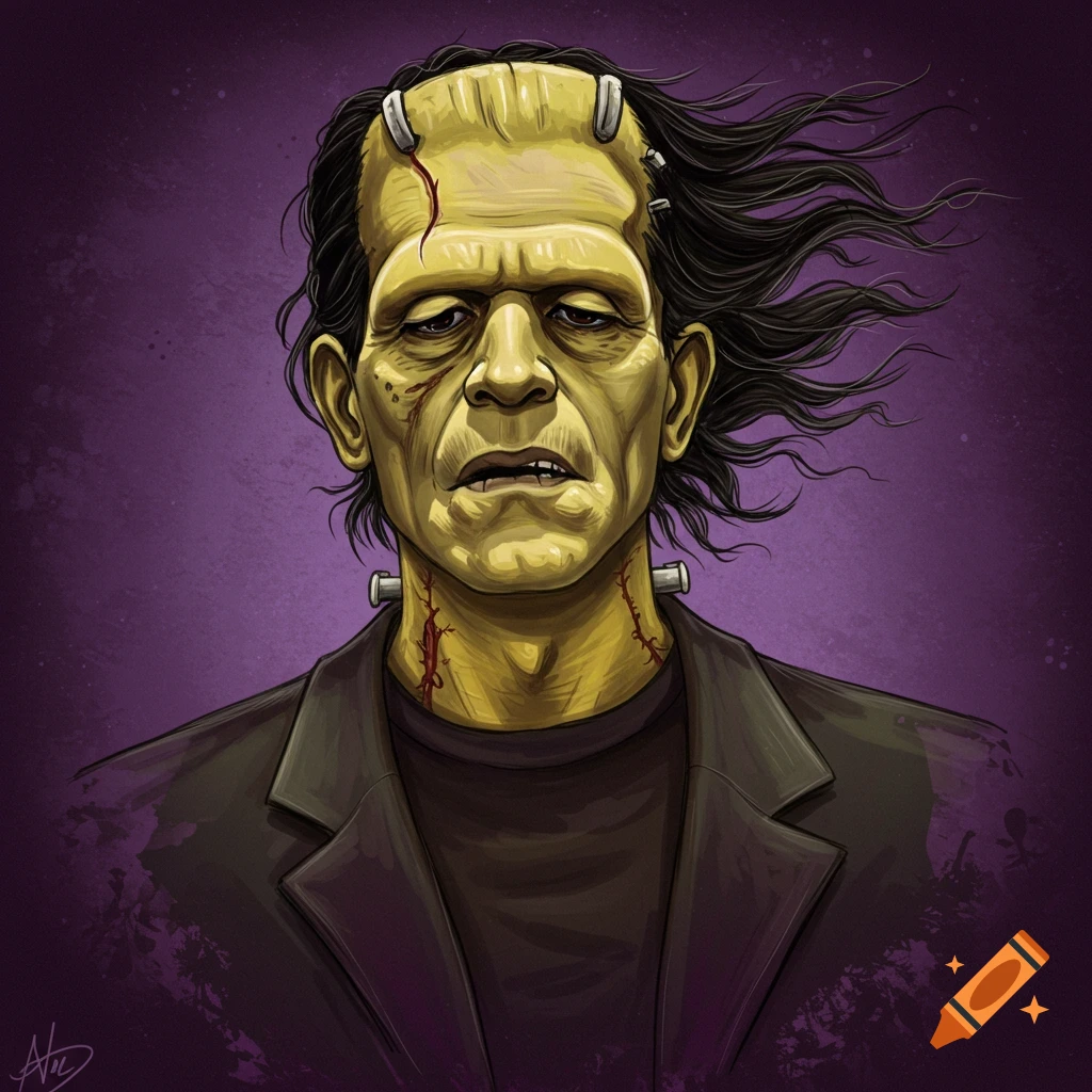 A painted portrait of Frankenstein's monster with yellow skin, dark hair, staples, and stitches against a purple background.
