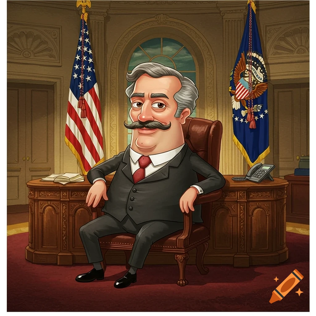 In a cartoon style, a character resembling Eugene H. Krabs is depicted sitting at a desk in an office resembling the Oval Office.