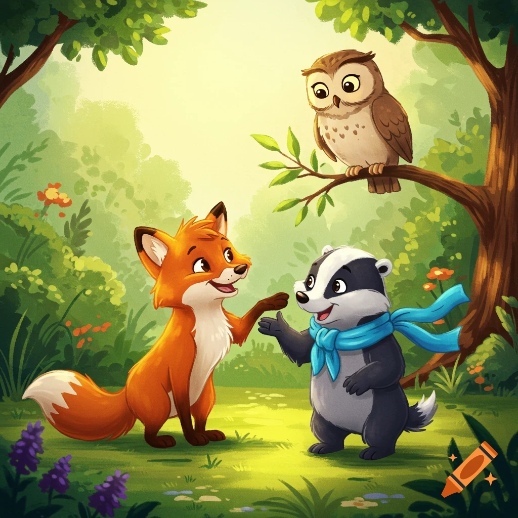 Cartoon illustration of a fox and a badger reaching out to touch paws in a forest, with an owl on a branch.