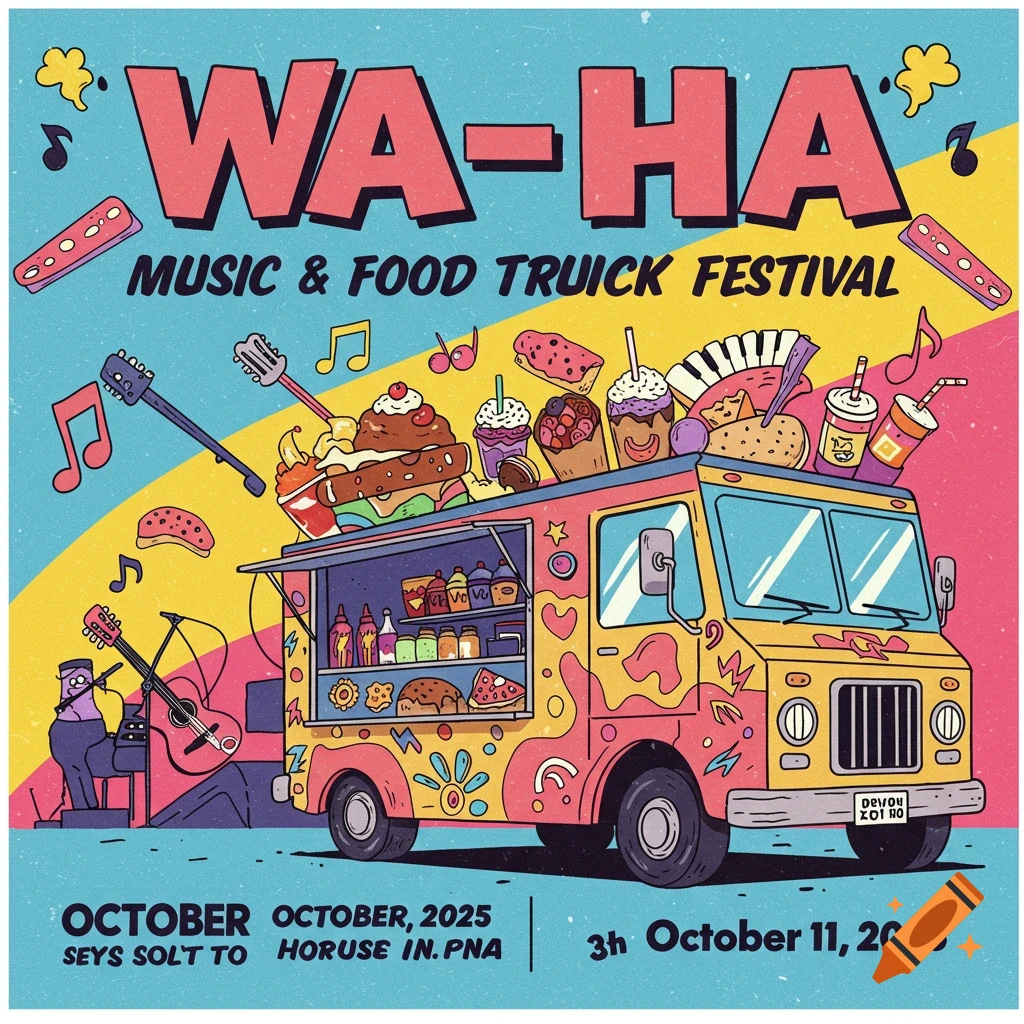Retro illustration of a music and food truck festival flyer.
