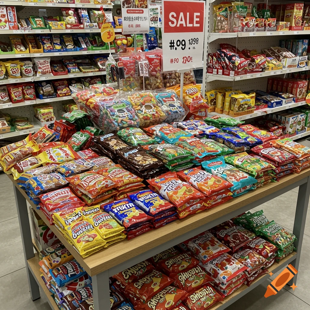 A wide variety of colorful packaged candies and snacks are displayed on shelves and a table in a store.