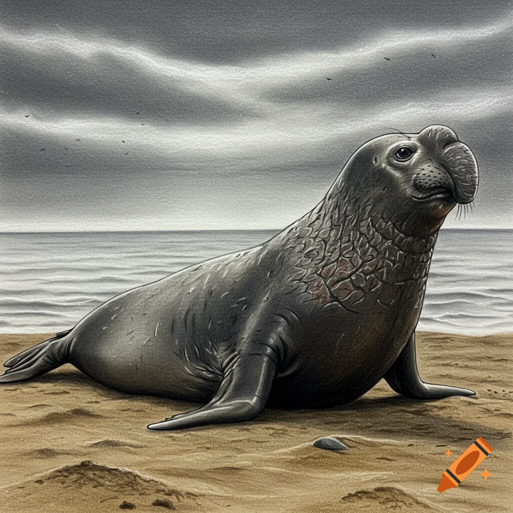 An elephant seal lies on a sandy beach under a cloudy sky.