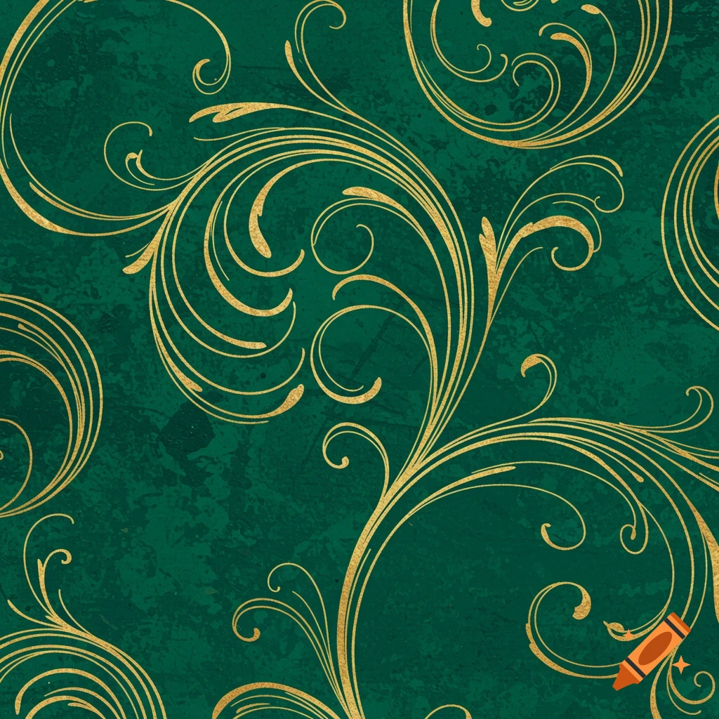Seamless golden ornamental swirls on a textured emerald green background.