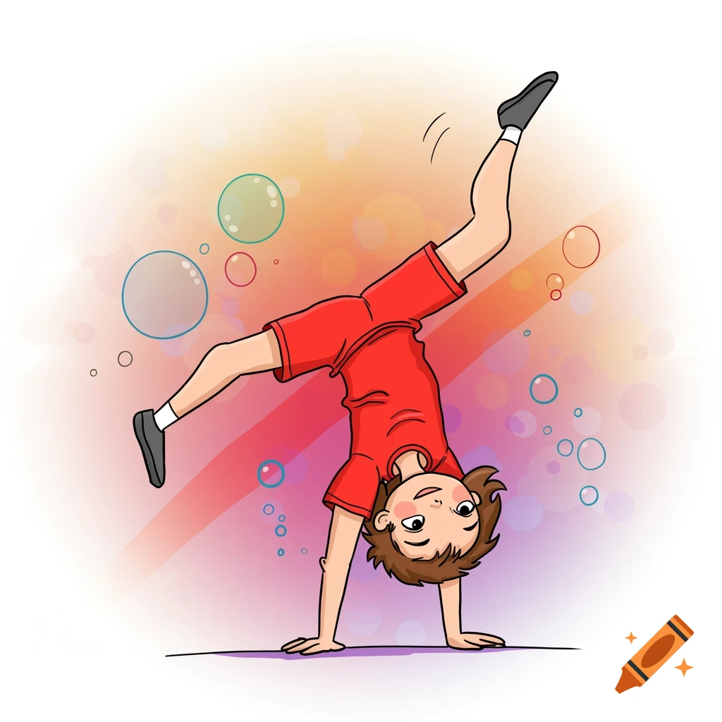 Playful doodle illustration of a child doing a cartwheel against a colorful background with bubbles.