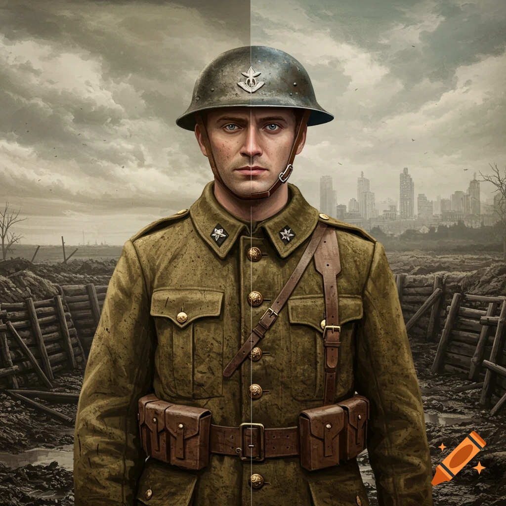 Painting of man split between WW1 soldier in trench and civilian with city background.