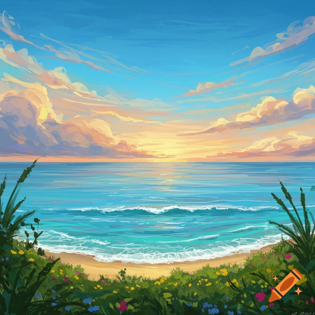 A vibrant image of a sunny beach with crashing ocean waves under a blue sky with colorful clouds.