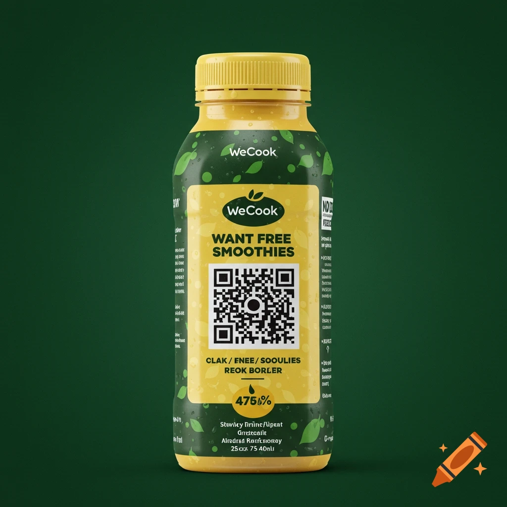 A product photo of a yellow and green smoothie bottle with a QR code and text 'WeCook WANT FREE SMOOTHIES' on the label.